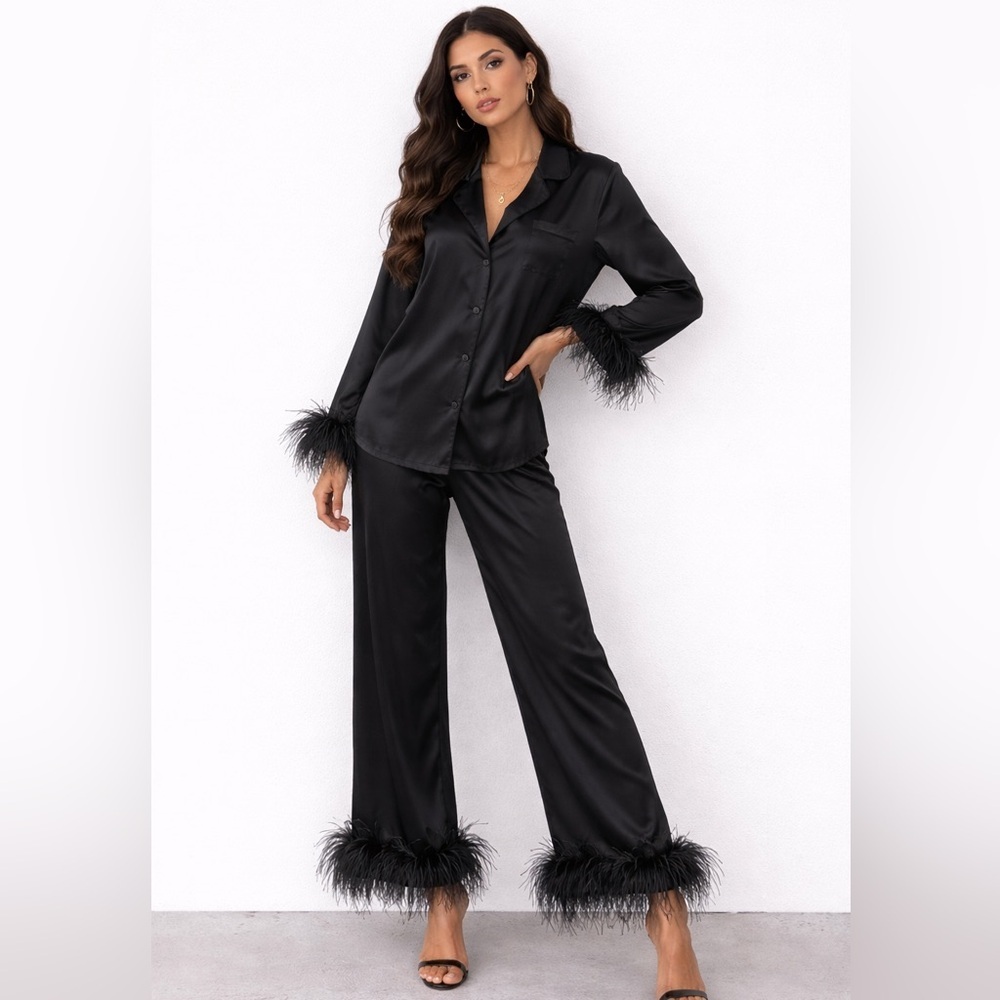 Antonio Melani Black Satin Pajama Set Feather Trim Top & Pants Size S/M Chic